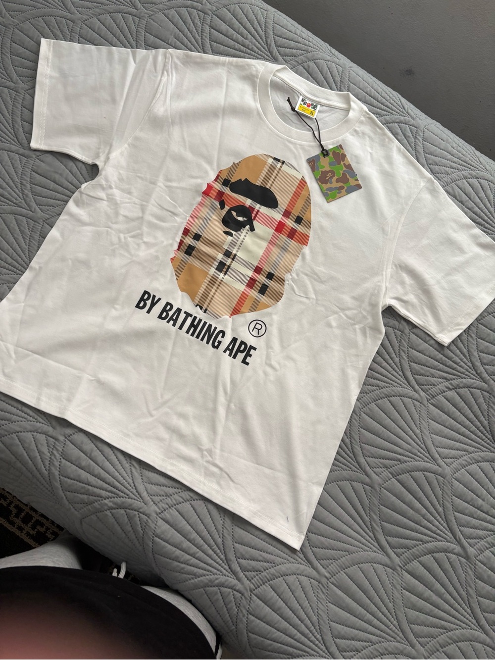 A Bathing Ape White Logo Tee with Plaid Ape Head